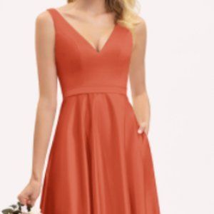 A-Line V-neck Floor-Length Satin Dress With Pockets-NEW